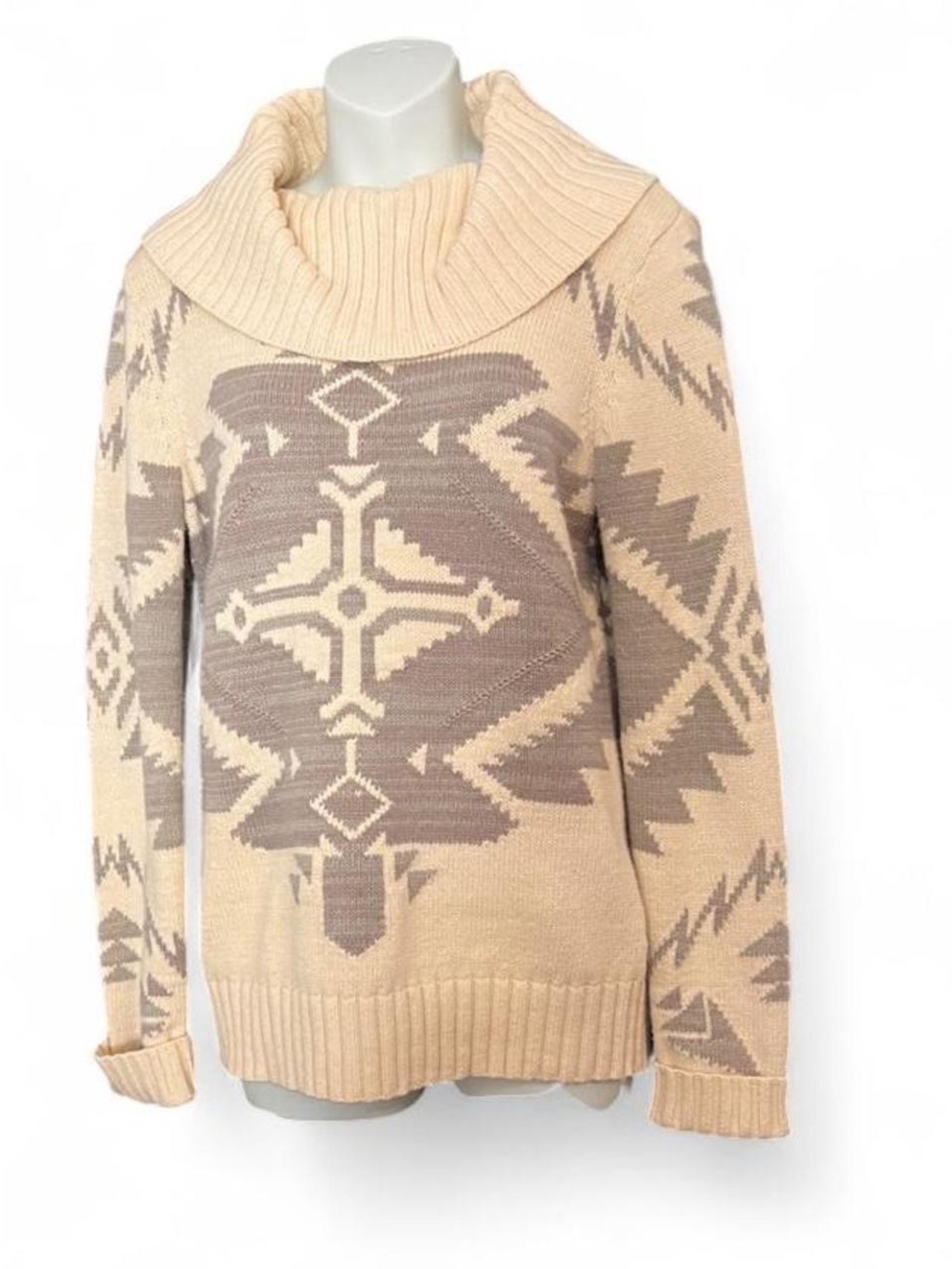 Cozy Aztec-Pattern Cowl Neck Sweater in Beige